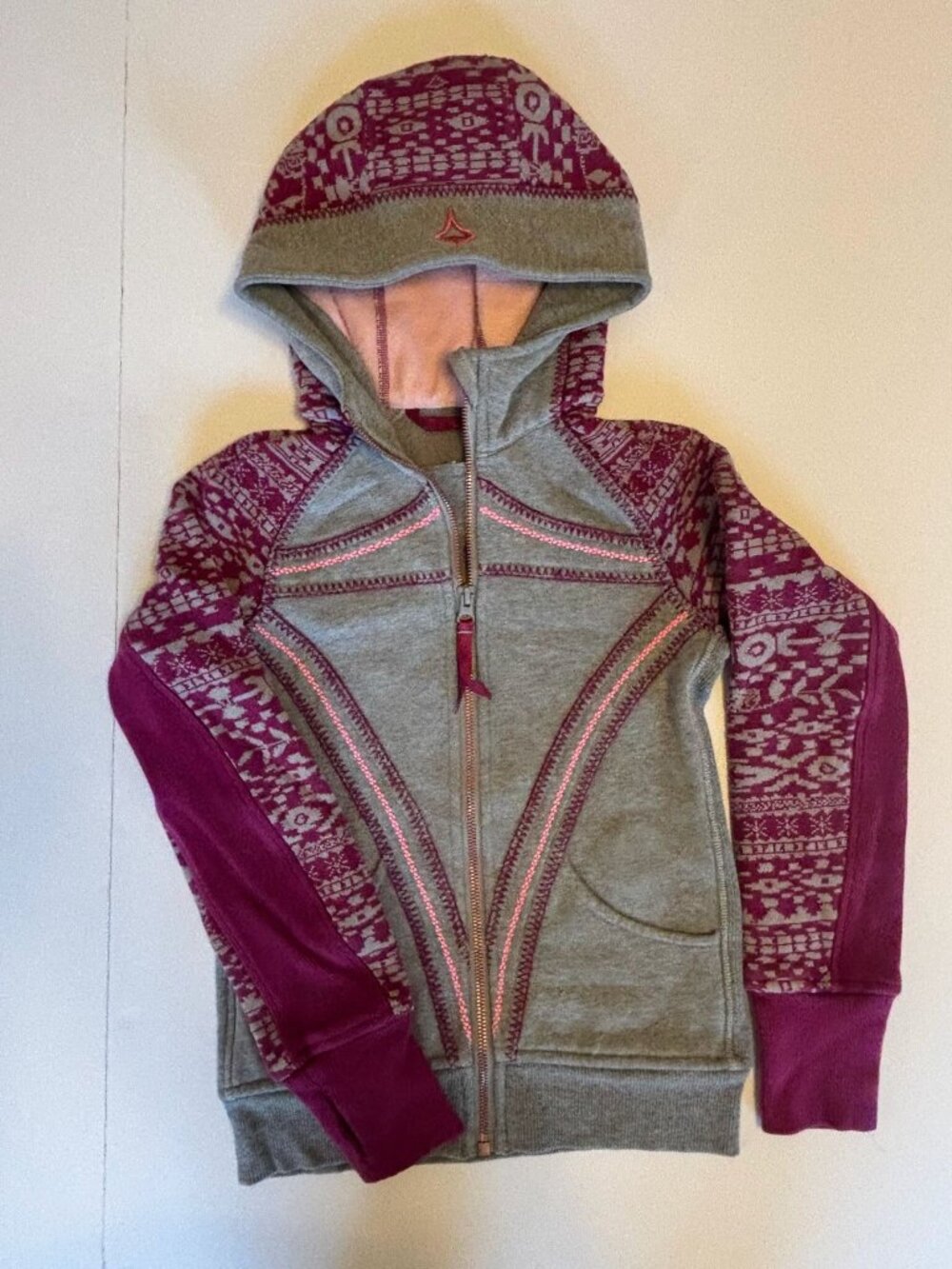 Ivivva by Lululemon Girls Full Zip Hoodie Sz 10 Grey Magenta Fair Isle Print